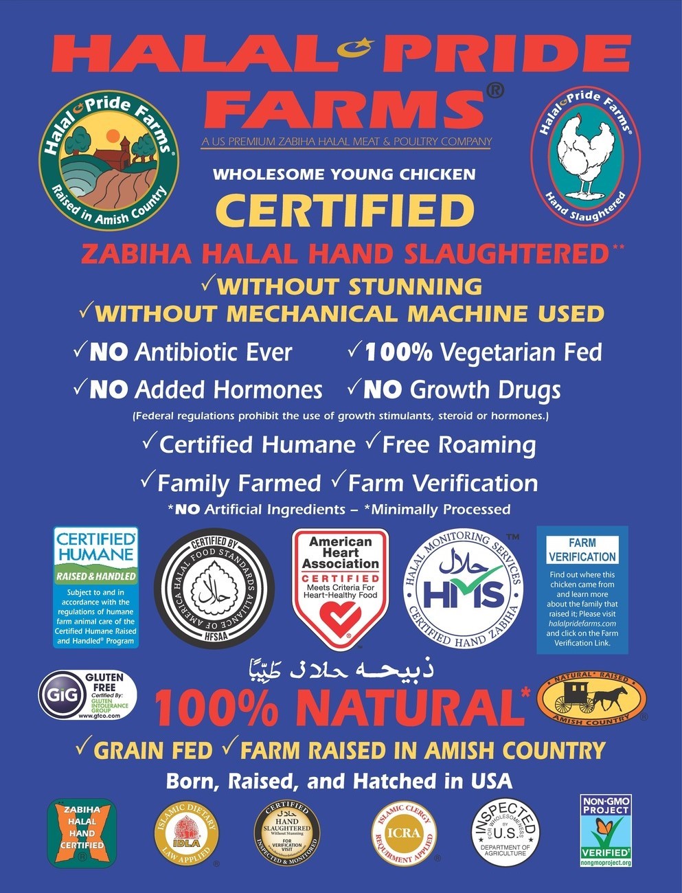 Halal Pride Farms standards sheet: zabiha halal hand slaughtered without stunning, no antibiotics ever, 100% vegetarian fed, with HMS, Certified Humane and USDA inspection seals.