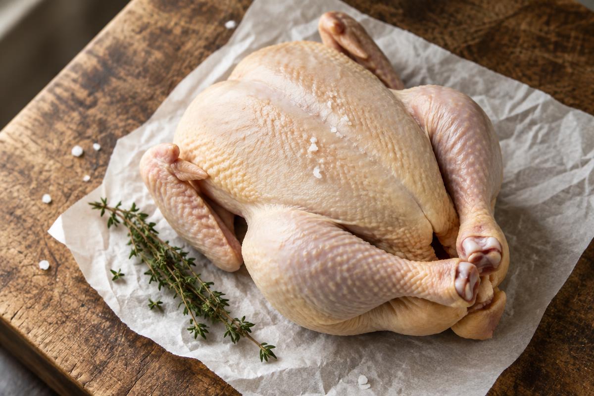 Whole natural chicken on white butcher paper on a wooden butcher block (sample photo)