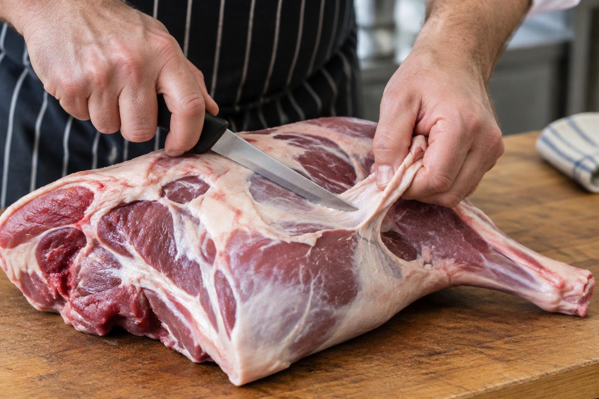 Butcher's hands trimming a lamb shoulder